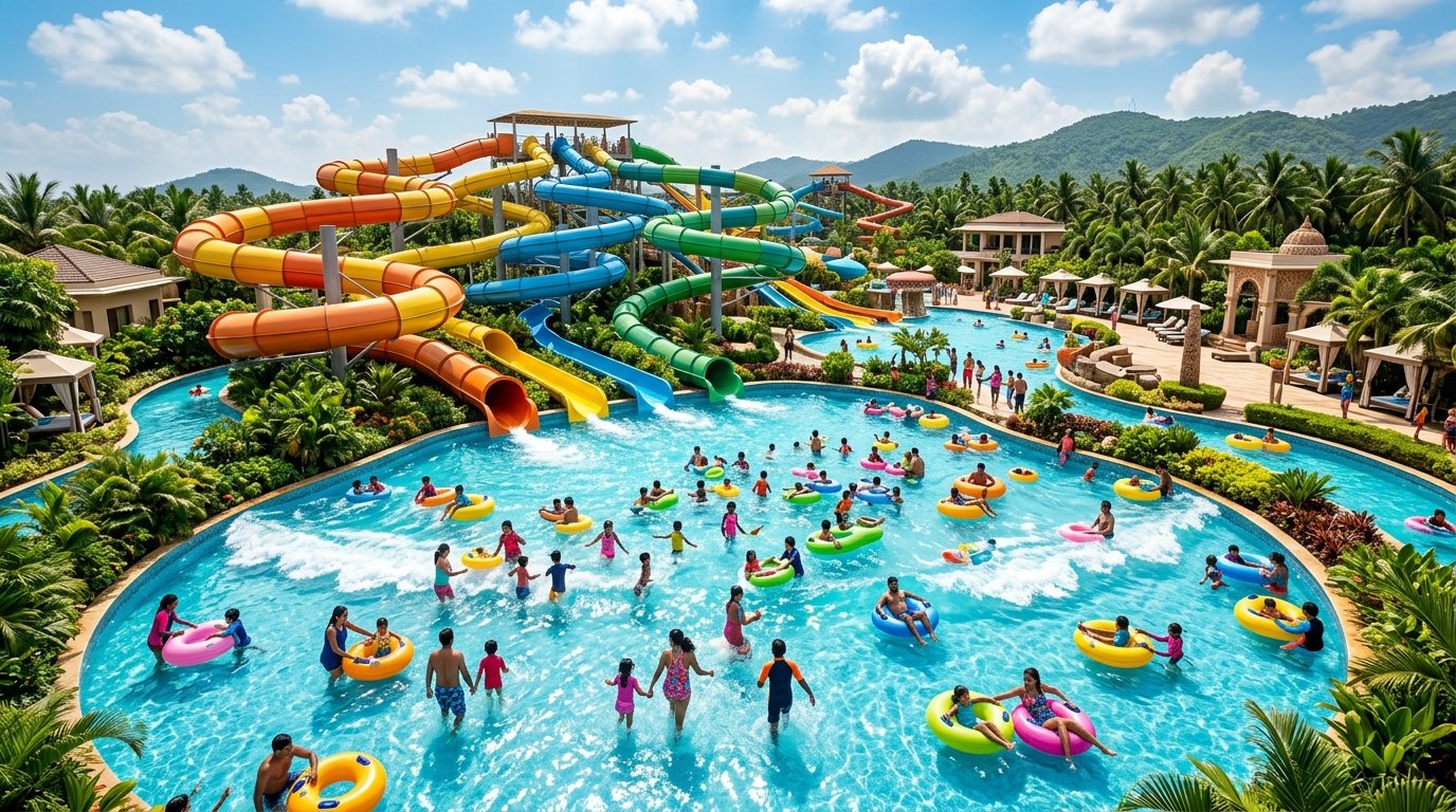 Jaltara Waterpark Aerial View with Colorful Slides, Pools and Happy Families